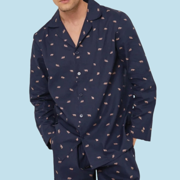 Aruelle Ανδρική Μπλέ Πυτζάμα Πουκάμισο Με Κουμπιά 100% Βαμβάκι με Αρκουδάκια Benjamin