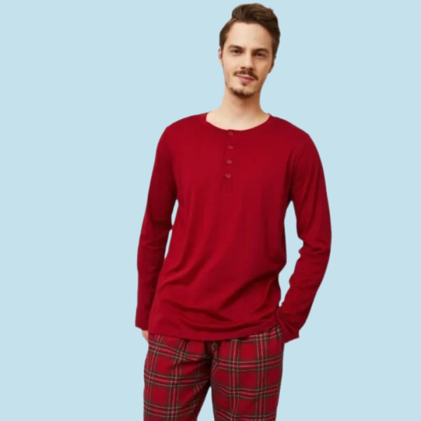 Aruelle ανδρικό σετ πιτζάμας Κόκκινο 100% cotton μπλούζα με κουμπιά & παντελόνι καρό Harry Dream with us 39.01.24.038