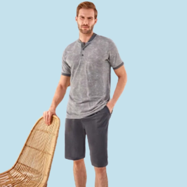 Berrak Βαμβακερή ανδρική καλοκαιρινή Πιτζάμα  Γκρί τριπλέτα τοπ σορτς & μακρύ γκρί σκούρο παντελόνι 9081