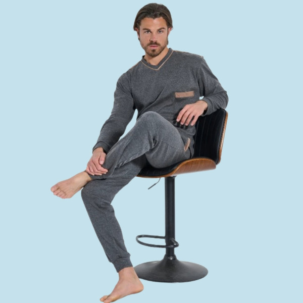Jeannette Ανδρική Χειμερινή  Βαμβακερή  Πιτζάμα Homewear με βε και τσέπη  ανθρακί  A5605