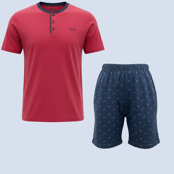 Q-bo ανδρική βαμβακερή πιτζάμα Σκούρο ροζ magenta μπλουζάκι με κουμπιά & σορτς μπλέ με σχέδια 1783.MG