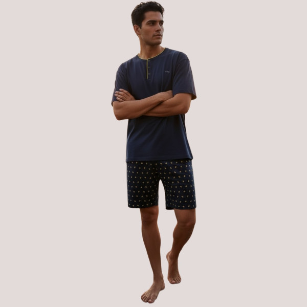 Q-bo ανδρική βαμβακερή πιτζάμα μπλέ top με κουμπιά & σορτς Serafino 49338.GL Blue pitzama