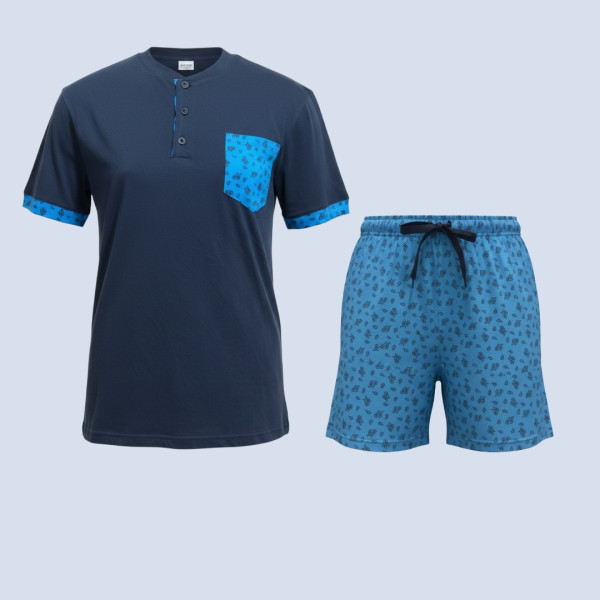 Q-bo ανδρική βαμβακερή πιτζάμα μπλέ με σορτς Serafino 6867.BL Blue pijama