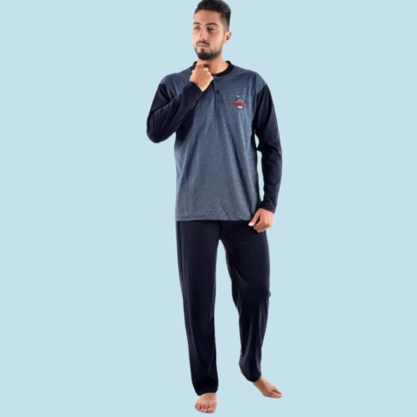 Rimoli Αντρική Λεπτή Βαμβακερή Πιτζάμα και Μεγάλα Μεγέθη Plus Size με 2 Κουμπιά Μπλέ 1με σχέδιο Sailing 1035