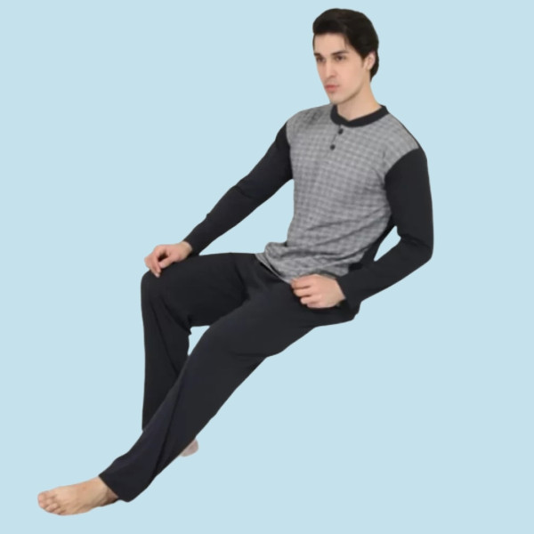 Rimoli Αντρική Λεπτή Βαμβακερή Πιτζάμα και Μεγάλα Μεγέθη Plus Size με 2 Κουμπιά Γκρί - Μαύρο 1085