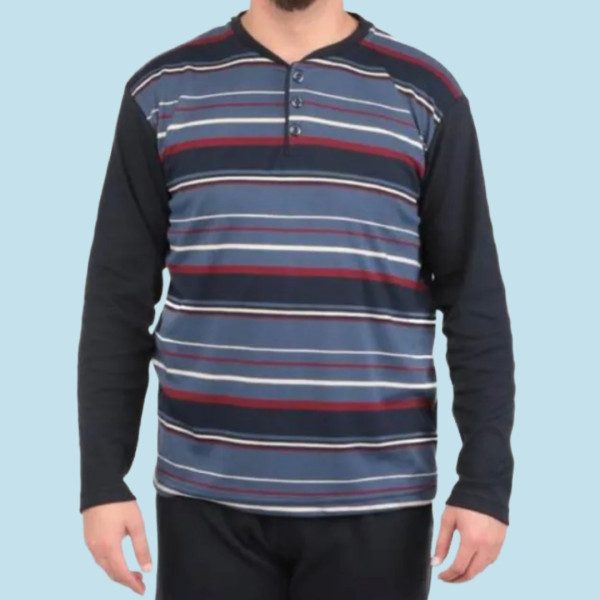 Rimoli Αντρική Βαμβακερή με λεπτό ύφασμα Πιτζάμα και Μεγάλα Μεγέθη Plus Size με 2 Κουμπιά Μπλέ -Γκρί  με ρίγες 920