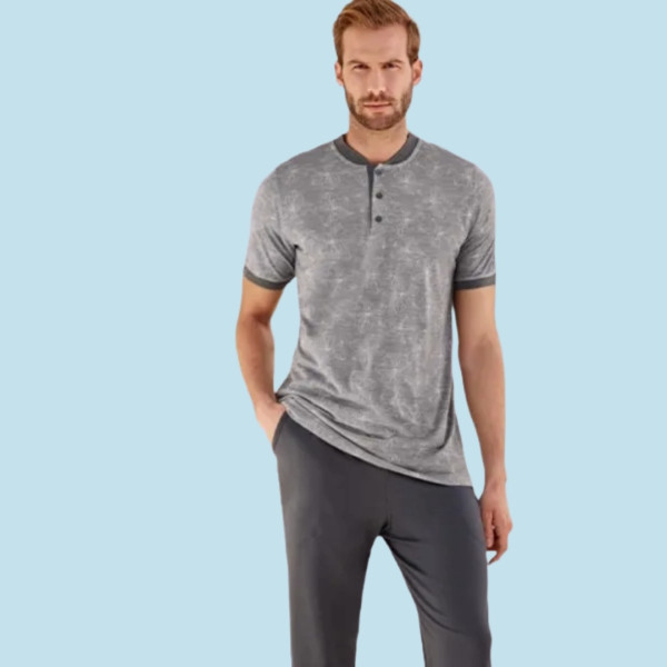 Berrak Βαμβακερή ανδρική καλοκαιρινή Πιτζάμα  Γκρί τριπλέτα τοπ σορτς & μακρύ γκρί σκούρο παντελόνι 9081