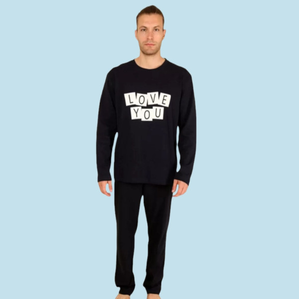 Happy Family Ανδρική Xειμερινή Βαμβακερή Μαύρη Πιτζάμα με Μακρύ Παντελόνι Σχέδιο ''Love You'' AB-XHF719