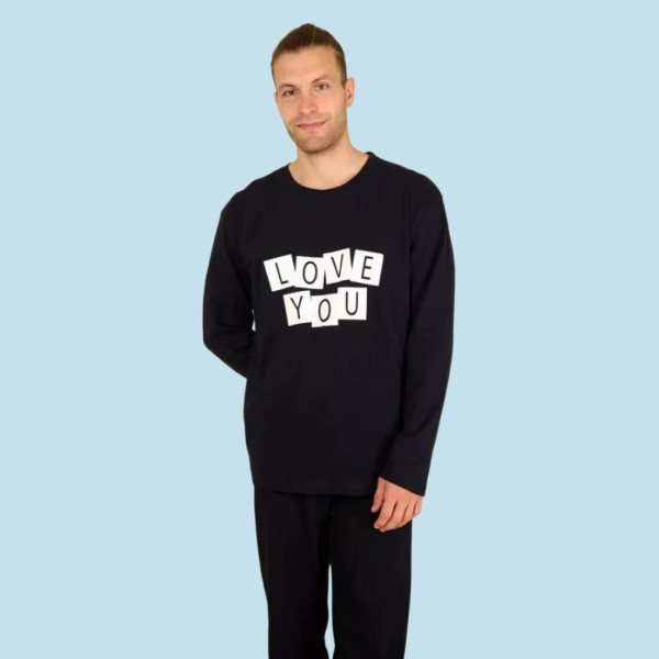 Happy Family Ανδρική Xειμερινή Βαμβακερή Μαύρη Πιτζάμα με Μακρύ Παντελόνι Σχέδιο ''Love You'' AB-XHF719