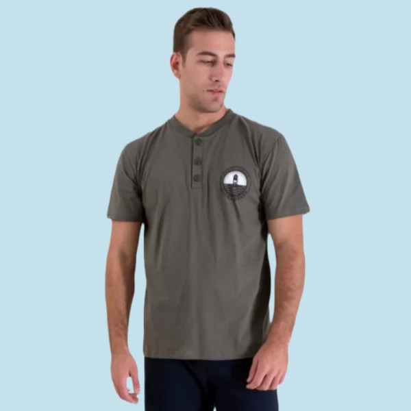 Happy Family Ανδρική Καλοκαιρινή Βαμβακερή Πιτζάμα 3 τεμ Σορτς και Μακρύ Παντελόνι Χακί AB-KHF549