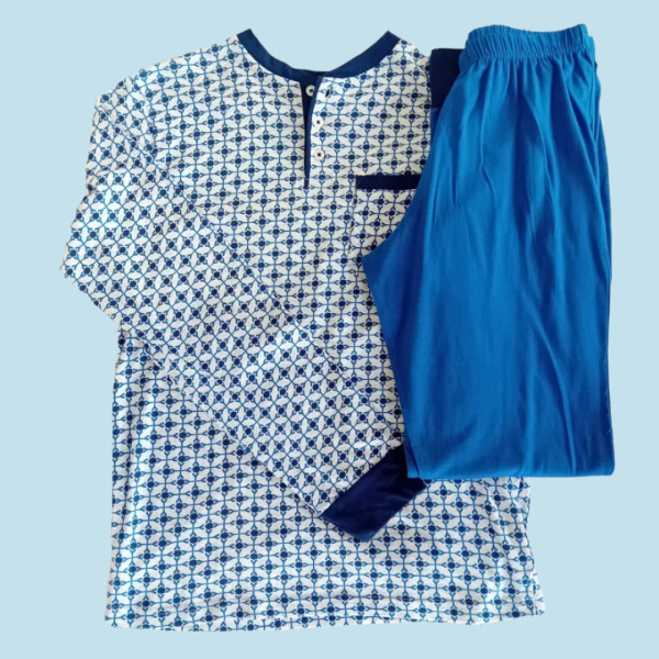 Linea Ambro Ανδρική Ιταλική 100% βαμβακερή Πυτζάμα Μπλέ με κουμπιά άνετη εφαρμογή U802