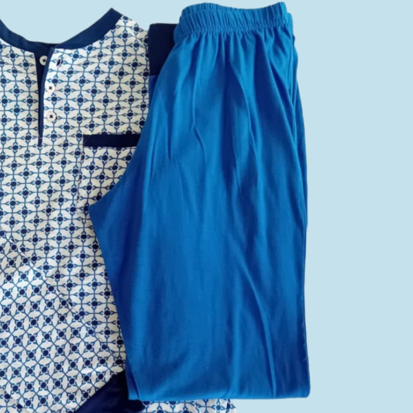 Linea Ambro Ανδρική Ιταλική 100% βαμβακερή Πυτζάμα Μπλέ με κουμπιά άνετη εφαρμογή U802