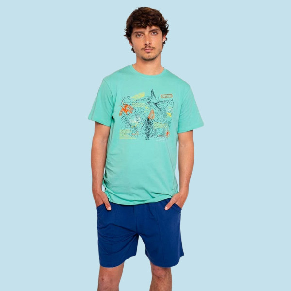 Muydemi ανδρική βαμβακερή πιτζάμα πράσινη μπλούζα με σχέδια & μπλέ σορτς 310033 blue