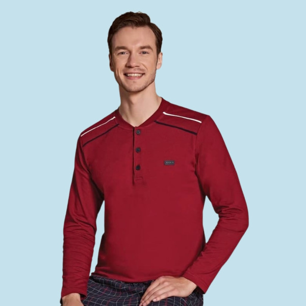 Over Sleep Αντρική βαμβακερή Χειμερινή Πυτζάμα Μπορντώ με 3 κουμπιά & μπλέ παντελόνι ίσια γραμμή 1559