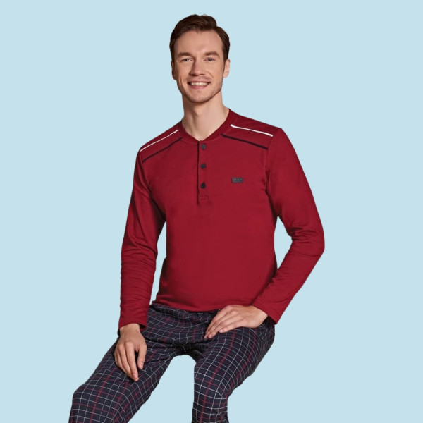 Over Sleep Αντρική βαμβακερή Χειμερινή Πυτζάμα Μπορντώ με 3 κουμπιά & μπλέ παντελόνι ίσια γραμμή 1559