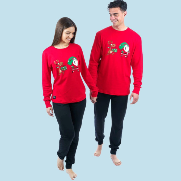 Sara Ανδρική βαμβακερή Χειμερινή Πυτζάμα Χριστουγέννων για όλη την οικογένεια Αγ.Βασίλης & τάρανδος Κόκκινη-Μαύρη 1273 