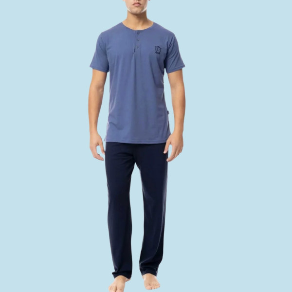Ulisse ανδρική Καλοκαιρινή Βαμβακερή Μοντέρνα Πυτζάμα Μπλούζα με κουπια κοντό και μακρυ παντελόνι τριπλέτα μπλέ Navy SΝ-Μ102 ελληνικής κατασκευής