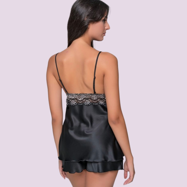 Milena by Paris Γυναικείο Σατέν Σετ Babydoll μαύρο με δαντέλα & σόρτς 004197 Black