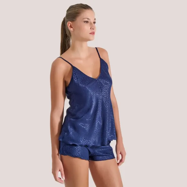 Milena by Paris Γυναικείο Σετ Babydoll Πιτζάμα Ζακάρ Σατέν Μπλέ Σκούρο Blue dark 004189