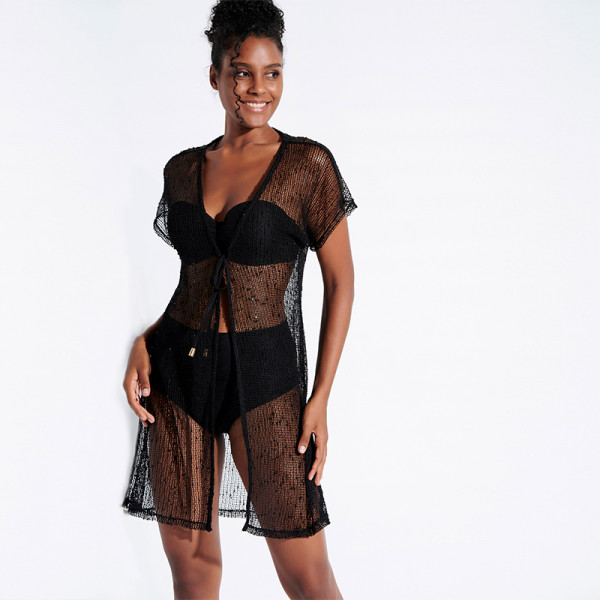 Jeannette Γυναικείο Μαύρο Καφτάνι Κιμονό με Δίχτυ Black Summer Collection 2024 7884