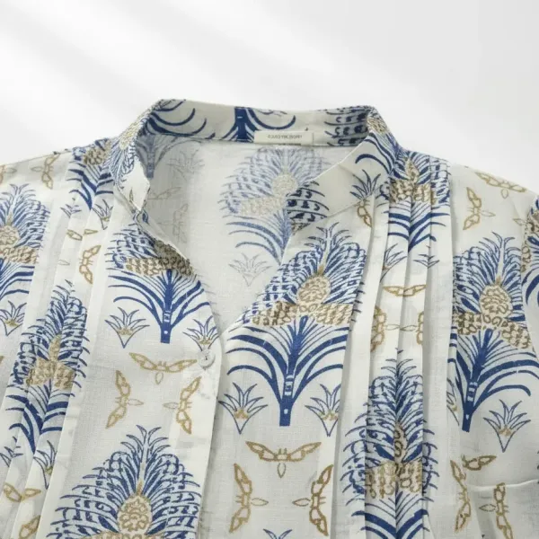 Γυναικείο καφτάνι 100% cotton πουκαμίσα μέχρι το γόνατο με υπέροχο σχέδια φοίνικα με μπλέ & χρυσές λεπτομέρειες One size 24155