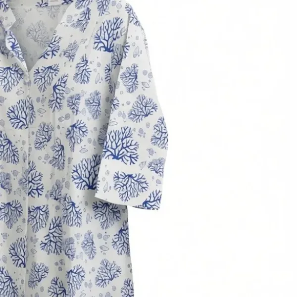 Γυναικείο καφτάνι 100% cotton λευκή πουκαμίσα μέχρι το γόνατο με υπέροχο σχέδια κοράλια σε μπλέ χρώμα One size 24121