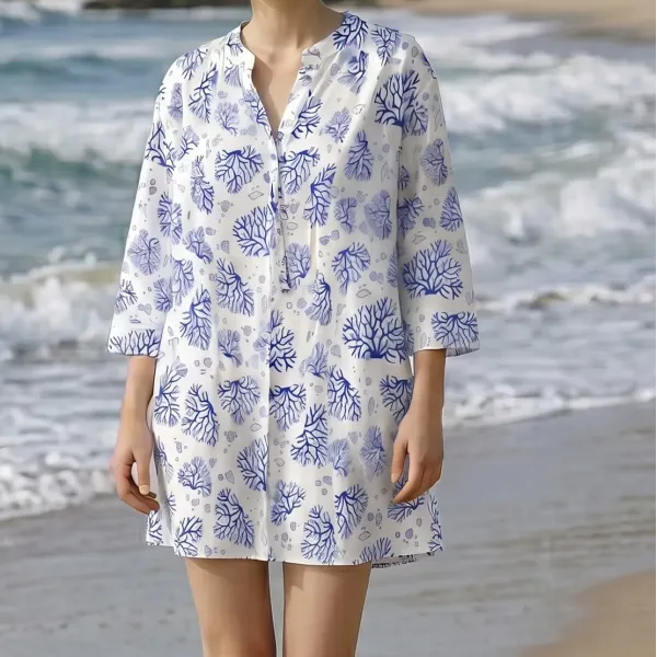 Γυναικείο καφτάνι 100% cotton λευκή πουκαμίσα μέχρι το γόνατο με υπέροχο σχέδια κοράλια σε μπλέ χρώμα One size 24121