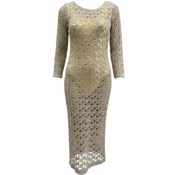 Modern Ocean Γυναικείο χρυσό Gold Φόρεμα καφτάνι μακρύ πλεκτό με μανίκια & ανοιχτή πλάτη C-6259