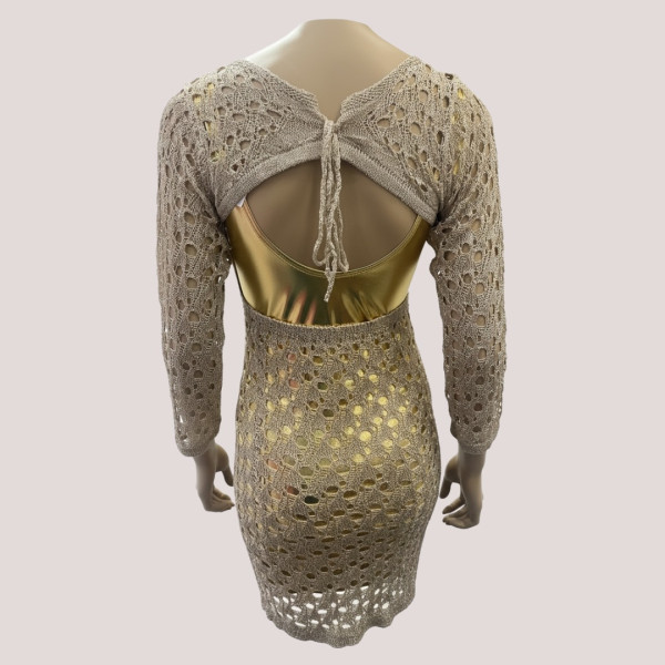 Modern Ocean Γυναικείο χρυσό Gold Φόρεμα καφτάνι μακρύ πλεκτό με μανίκια & ανοιχτή πλάτη C-6259