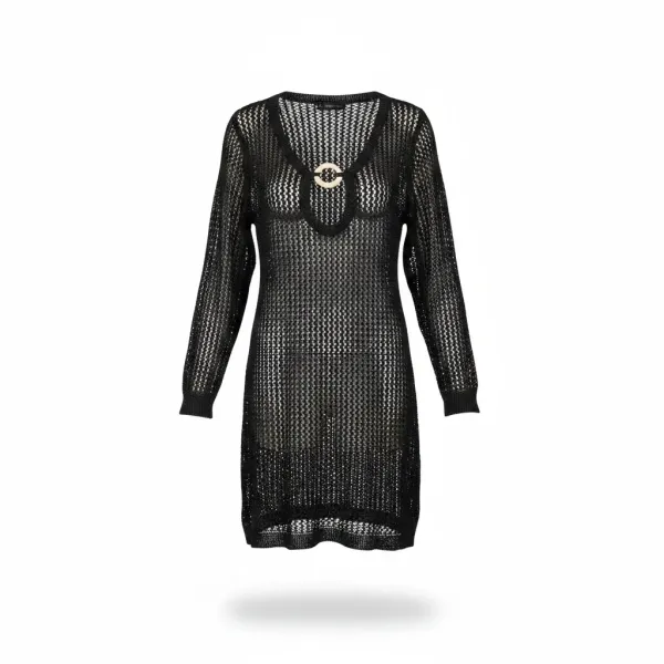 Modern Ocean Γυναικείο μαύρο κοντό πλεκτό φόρεμα fashion με μακρυά μανίκια ανοιχτό  μπροστά με κοκκάλινο κρίκο και ασημοκλώστη C-6410 Black