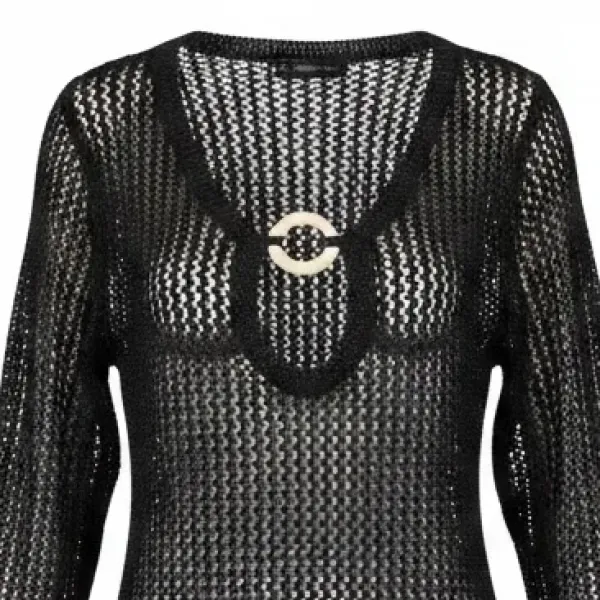 Modern Ocean Γυναικείο μαύρο κοντό πλεκτό φόρεμα fashion με μακρυά μανίκια ανοιχτό  μπροστά με κοκκάλινο κρίκο και ασημοκλώστη C-6410 Black