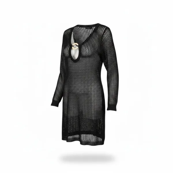 Modern Ocean Γυναικείο μαύρο κοντό πλεκτό φόρεμα fashion με μακρυά μανίκια ανοιχτό  μπροστά με κοκκάλινο κρίκο και ασημοκλώστη C-6410 Black
