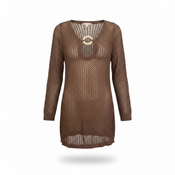Modern Ocean Γυναικείο μαύρο κοντό πλεκτό φόρεμα fashion με μακρυά μανίκια ανοιχτό  μπροστά με κοκκάλινο κρίκο και ασημοκλώστη C-6410 Brown