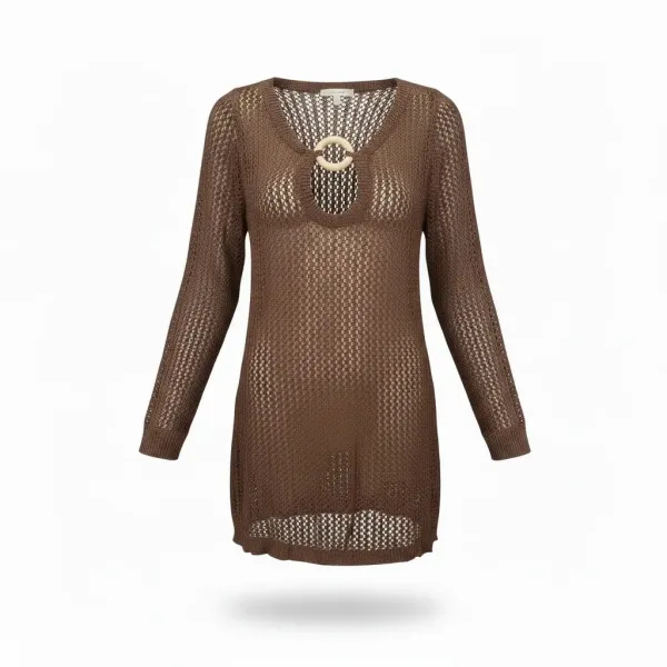 Modern Ocean Γυναικείο μαύρο κοντό πλεκτό φόρεμα fashion με μακρυά μανίκια ανοιχτό  μπροστά με κοκκάλινο κρίκο και ασημοκλώστη C-6410 Brown