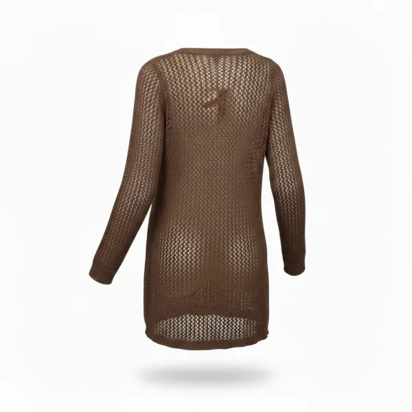 Modern Ocean Γυναικείο μαύρο κοντό πλεκτό φόρεμα fashion με μακρυά μανίκια ανοιχτό  μπροστά με κοκκάλινο κρίκο και ασημοκλώστη C-6410 Brown