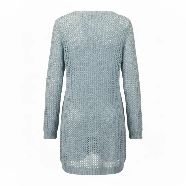 Modern Ocean Γυναικείο μαύρο κοντό πλεκτό φόρεμα fashion με μακρυά μανίκια ανοιχτό  μπροστά με κοκκάλινο κρίκο και ασημοκλώστη C-6410 Grey