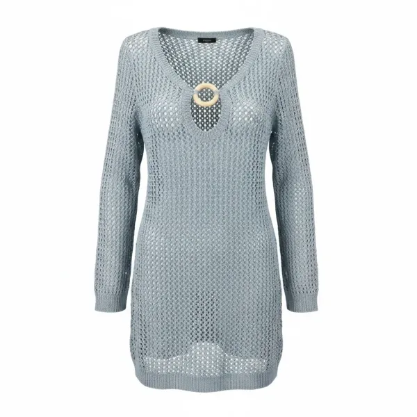 Modern Ocean Γυναικείο μαύρο κοντό πλεκτό φόρεμα fashion με μακρυά μανίκια ανοιχτό  μπροστά με κοκκάλινο κρίκο και ασημοκλώστη C-6410 Grey