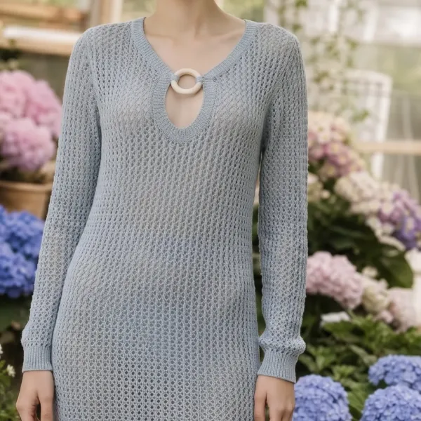 Modern Ocean Γυναικείο μαύρο κοντό πλεκτό φόρεμα fashion με μακρυά μανίκια ανοιχτό  μπροστά με κοκκάλινο κρίκο και ασημοκλώστη C-6410 Grey