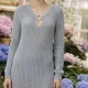 Modern Ocean Γυναικείο μαύρο κοντό πλεκτό φόρεμα fashion με μακρυά μανίκια ανοιχτό  μπροστά με κοκκάλινο κρίκο και ασημοκλώστη C-6410 Grey