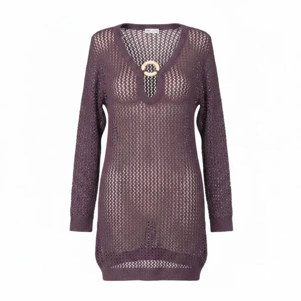 Modern Ocean Γυναικείο μαύρο κοντό πλεκτό φόρεμα fashion με μακρυά μανίκια ανοιχτό  μπροστά με κοκκάλινο κρίκο και ασημοκλώστη C-6410 Bordeux