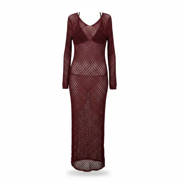Modern Ocean Γυναικείο μπορντώ μακρύ πλεκτό φόρεμα fashion με μακρυά μανίκια V μπροστά με ασημί charm C-6411 Bordeaux