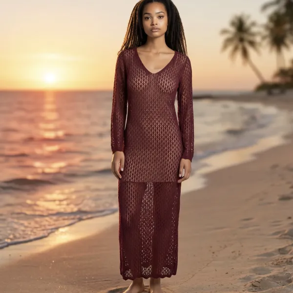 Modern Ocean Γυναικείο μπορντώ μακρύ πλεκτό φόρεμα fashion με μακρυά μανίκια V μπροστά με ασημί charm C-6411 Bordeaux