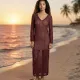 Modern Ocean Γυναικείο μπορντώ μακρύ πλεκτό φόρεμα fashion με μακρυά μανίκια V μπροστά με ασημί charm C-6411 Bordeaux