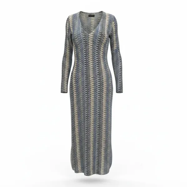 Modern Ocean Γυναικείο μπλέ μακρύ πλεκτό φόρεμα fashion με μακρυά μανίκια V μπροστά με μπλέ, λευκούς,μαύρους χρωματισμους C-6334 Blue