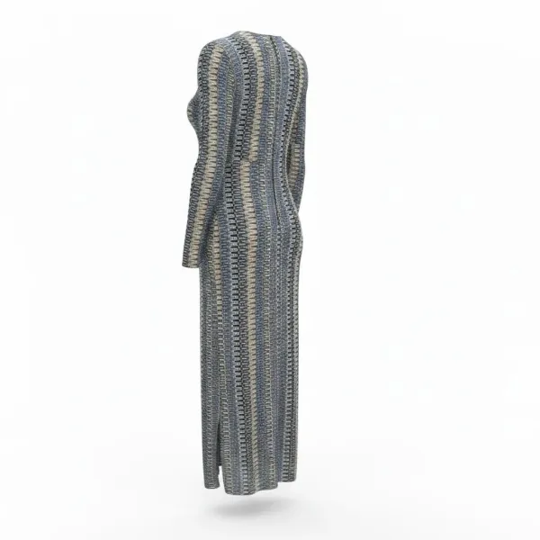 Modern Ocean Γυναικείο μπλέ μακρύ πλεκτό φόρεμα fashion με μακρυά μανίκια V μπροστά με μπλέ, λευκούς,μαύρους χρωματισμους C-6334 Blue