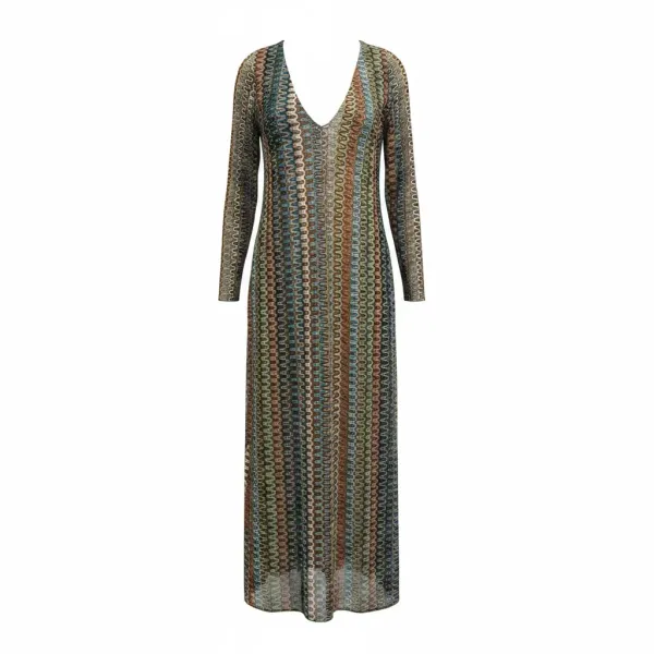 Modern Ocean Γυναικείο καφέ μακρύ πλεκτό φόρεμα fashion με μακρυά μανίκια V μπροστά με τιρκουάζ, κίτρινους ,καφέ χρωματισμους C-6334 Brown