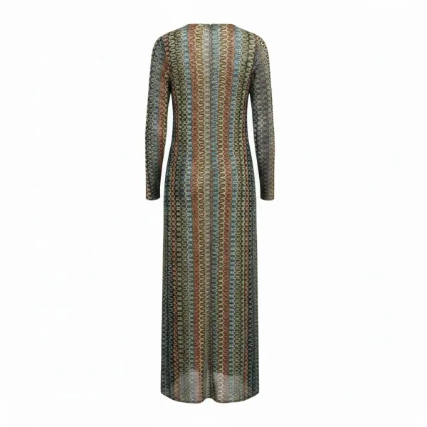 Modern Ocean Γυναικείο καφέ μακρύ πλεκτό φόρεμα fashion με μακρυά μανίκια V μπροστά με τιρκουάζ, κίτρινους ,καφέ χρωματισμους C-6334 Brown