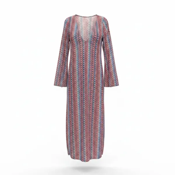 Modern Ocean Γυναικείο κοραλί μακρύ πλεκτό φόρεμα fashion με μακρυά μανίκια V μπροστά με κοραλί, γαλάζιους,μπλέ χρωματισμους C-6334 coral