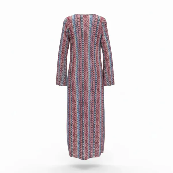Modern Ocean Γυναικείο κοραλί μακρύ πλεκτό φόρεμα fashion με μακρυά μανίκια V μπροστά με κοραλί, γαλάζιους,μπλέ χρωματισμους C-6334 coral