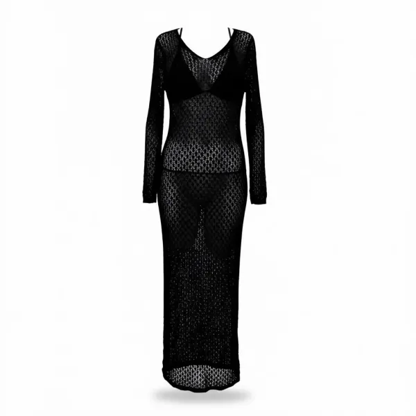 Modern Ocean Γυναικείο μαύρο μακρύ πλεκτό φόρεμα fashion με μακρυά μανίκια V μπροστά με ασημί charm C-6411 Black